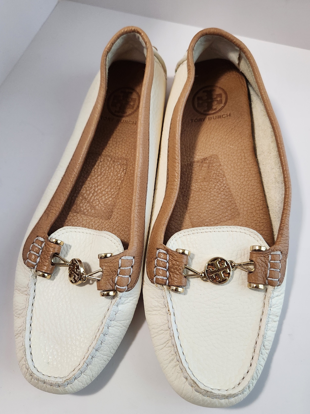 Tory Burch Daria Ivory and Tan Leather Moccasins Driving Loafers Size 11